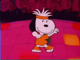 snoopy dancing in orange 80's workout gear